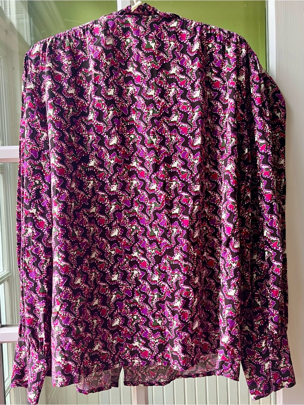 SUNCOO Purple & Magenta Pattern Blouse, V-Neck Long-Sleeve Frilly Collar Ditsy - Picture 2 of 13